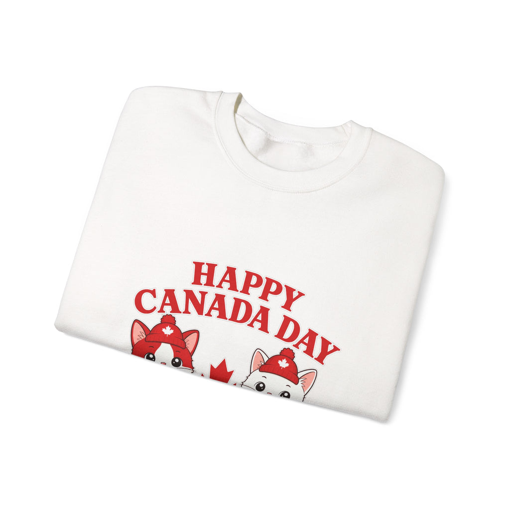 Canada Day Sweatshirt — Cute Huskies & Maple Leaf "Happy Canada Day" Crewneck